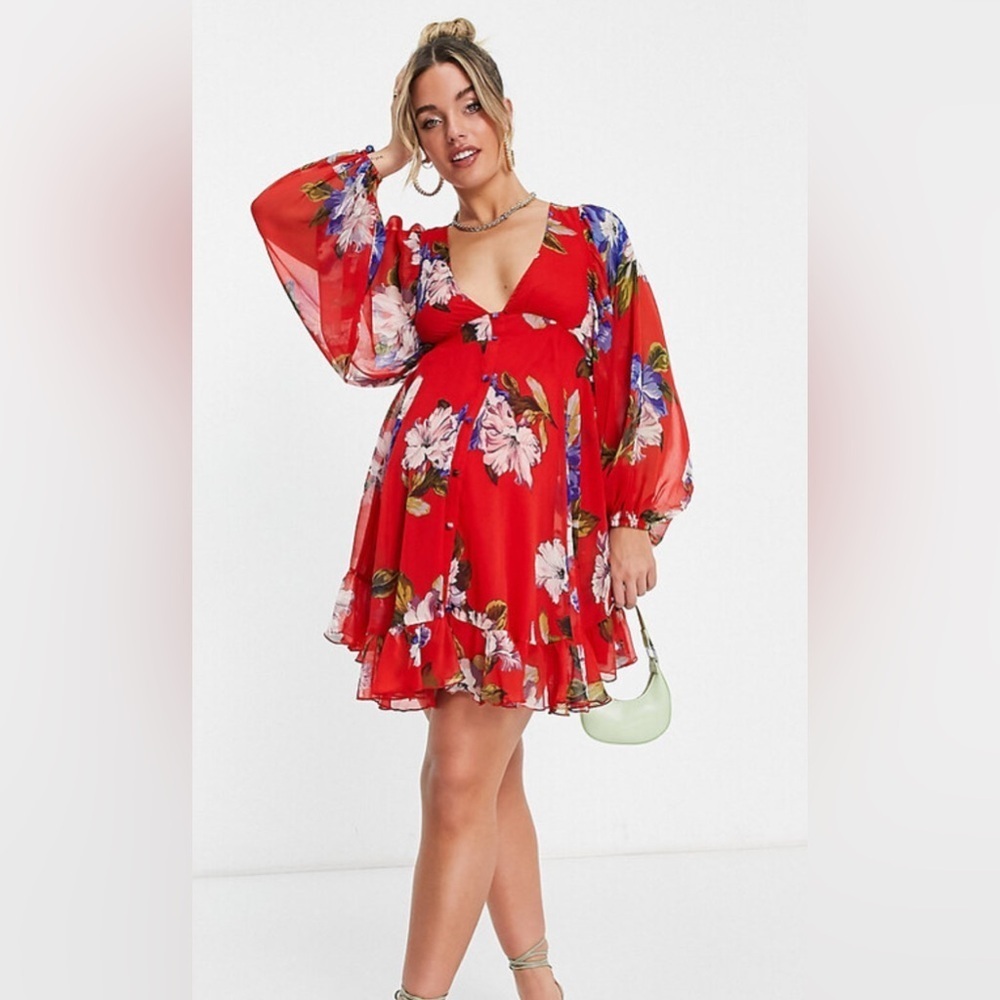 ASOS Red Floral Chiffon Mini Dress